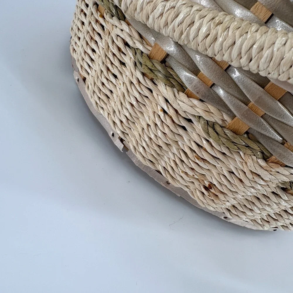 Vintage 1960s Sewing Woven Basket Green Pink  Paisley Fabric Handle Tray Japan